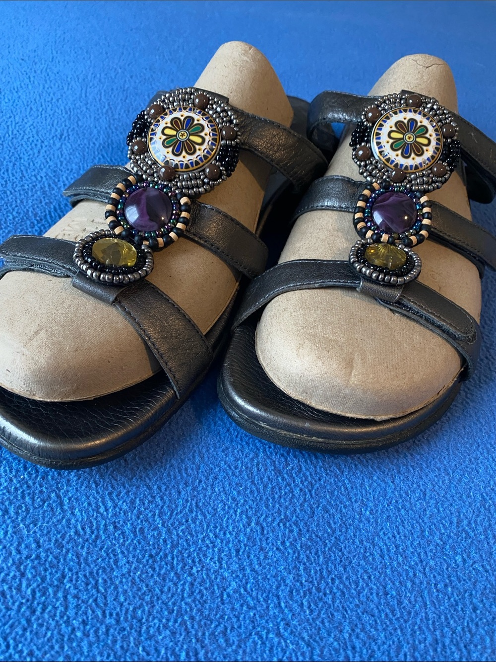 Taos Black Beaded Multi-Stone Slide Sandals